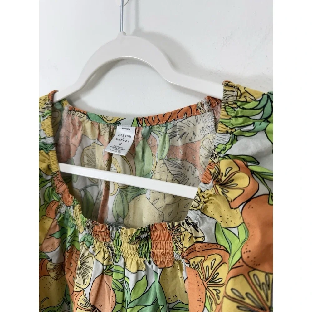 Peyton & Parker Citrus Fruit Print Dress Size S Tiered Boho Peasant 100% Cotton